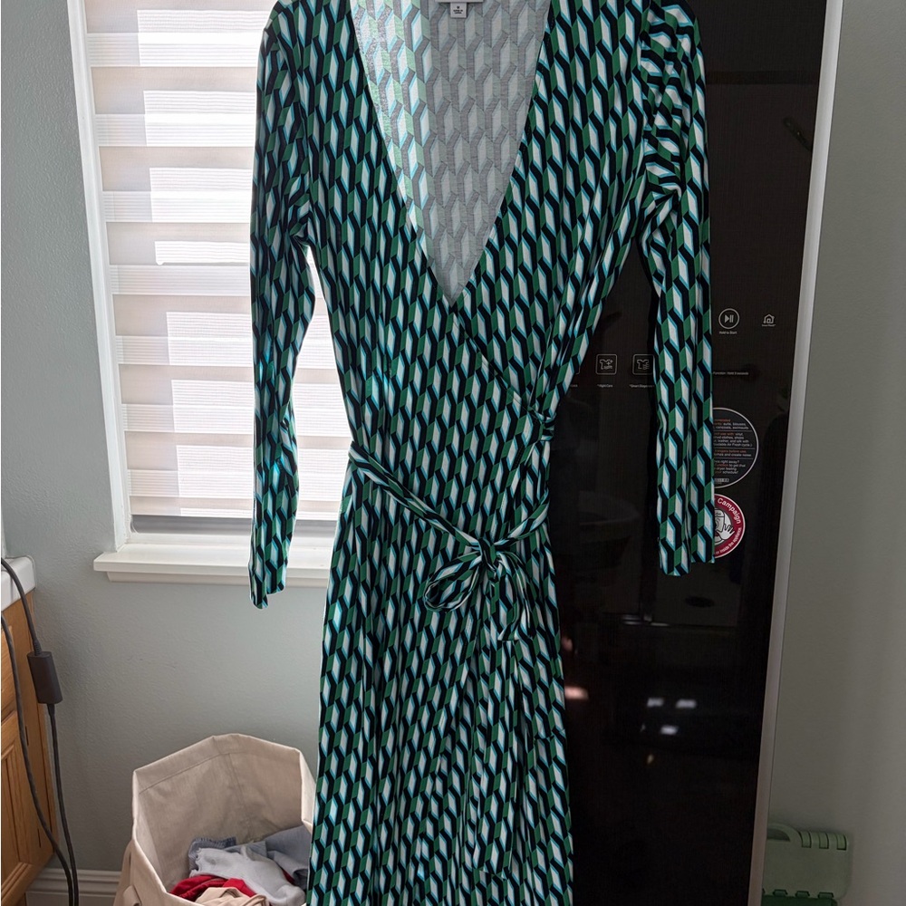 Diane Von Furstenberg Teal and Black Geometric Wrap Dress